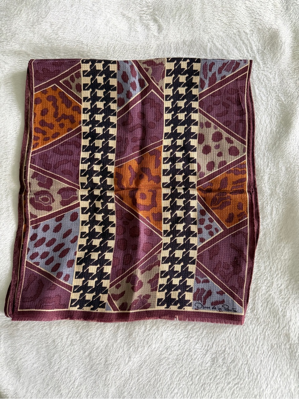Oscar de la Renta Burgundy, Rust, Cream & Black Geometric Animal Print Scarf